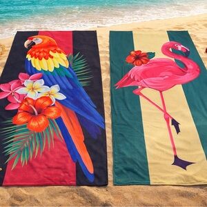 Set of 2 Extra Large Tropical Beach Towels - Flamingo & Parrot - Lightweight